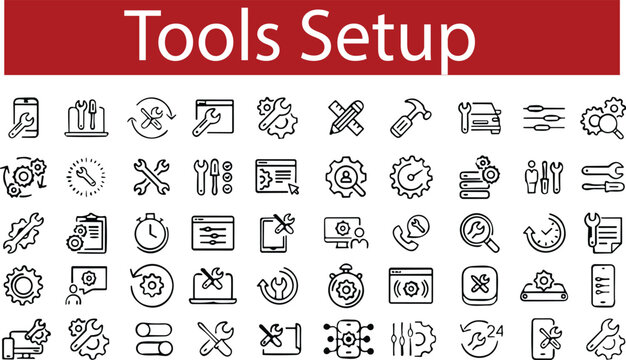 Tools setup line icons set. Setting and setup icons, Repair Related Vector symbol. Screwdriver, Gear, Recovery services instruments. working equipment.