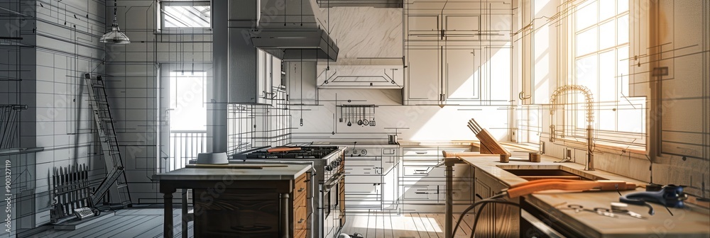 Poster a modern kitchen under renovation with new cabinets and countertops in progress, showcasing the tran