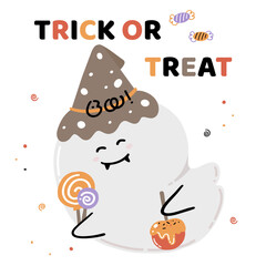 Happy Halloween Cute Ghost with Candy - Trick or Treat Vector Illustration for Greeting Card