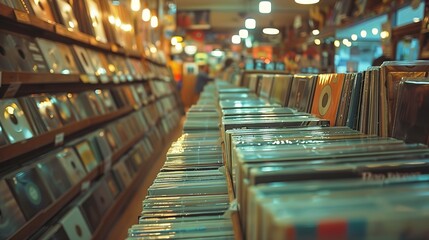 Melancholic Melodies: Nostalgic Winter Afternoon at Music Store with Classic Vinyl Records in Cinematic Style
