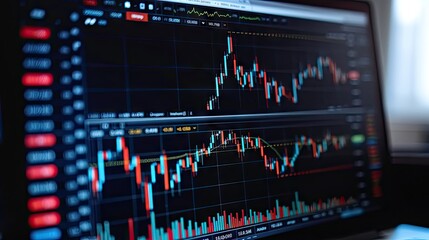 Closeup financial chart with uptrend line candlestick graph in stock market on blue color monitor background