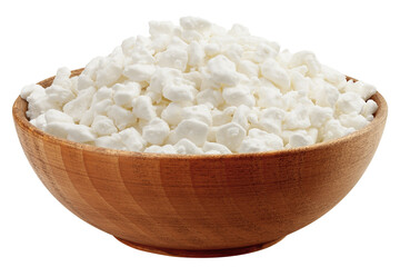 Cottage Cheese, Curd in wooden bowl, isolated on white background, full depth of field