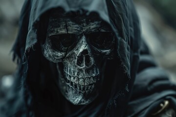 A person wearing a hooded garment with a skull design, perfect for use in fantasy or horror themed projects