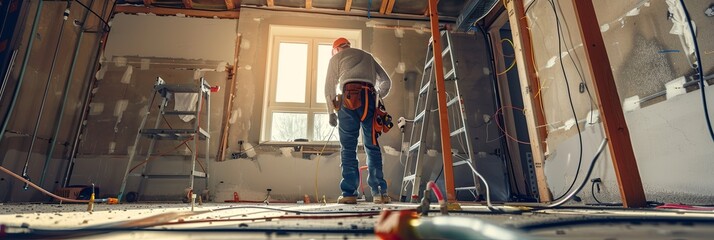An electrician, wearing a hard hat, works on electrical wiring inside a room under construction. Generative AI