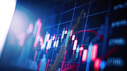 Closeup financial chart with uptrend line candlestick graph in stock market on blue color monitor background