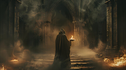 A sorcerer dressed in medieval attire casting a powerful spell with mystical energy swirling around.