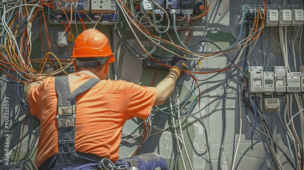 Aufkleber an electrician in a safety helmet and work clothes is shown working on wiring within an open wall, w