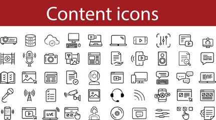 Business Content Thin Line Icons set. Content icons Pixel perfect. Mobile, message, support, Digital gadgets and network