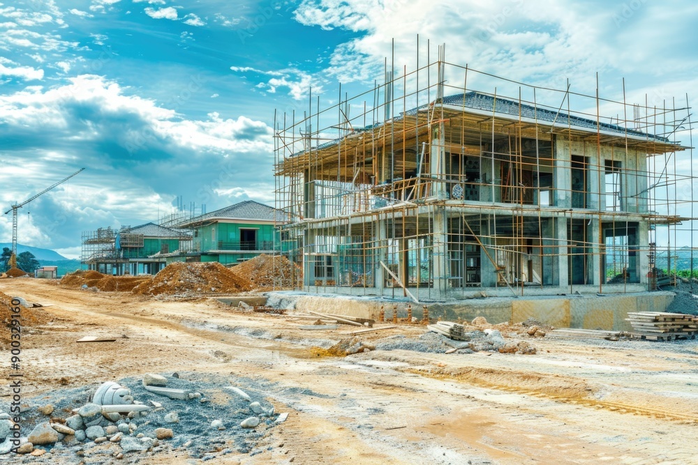 Poster A building under construction with scaffolding on the exterior, ideal for use in architecture or construction projects