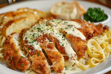 Creamy Chicken Fettuccine with Garlic Bread