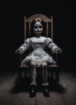 creepy girl horror doll sitting on a rocking chair in a dimly lit room with, thriller theme doll