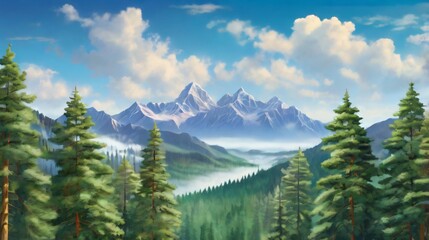Serene morning mist blankets a lush pine forest with mountains in the distance