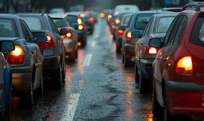 Stau bei Regen ohne Rettungsgasse - Bremslichter Autos stehen ganz eng