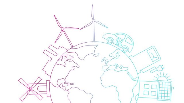 Animated linear pink blue icon of green energy city on circle planet. Line symbol. Concept of Sustainability, environment, renewable energy, green technology. Illustration isolated on white background