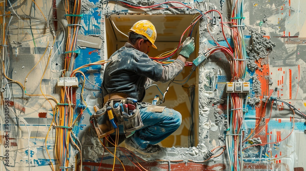Aufkleber a close-up image of an electrician working on electrical wiring inside a building wall. he is wearin