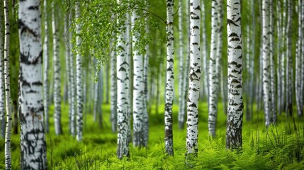 Fototapeta premium Birch (Betula): Known for their unique white bark and triangular leaves, birches play a crucial role in forest succession and are valued for their medicinal uses. 