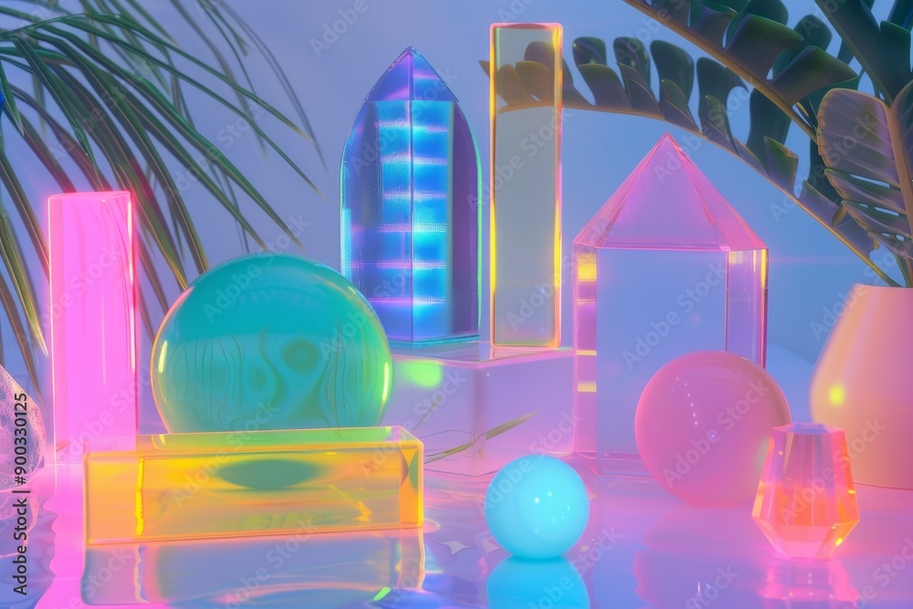 Leinwandbilder neon background with various shapes and sizes, 80s style geometric shapes in neon colors with transp