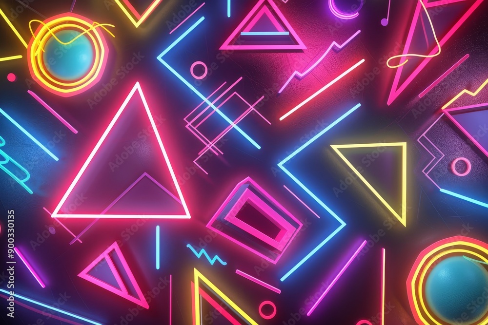 Fototapete neon background with various shapes and sizes, 80s style geometric shapes in neon colors with transp