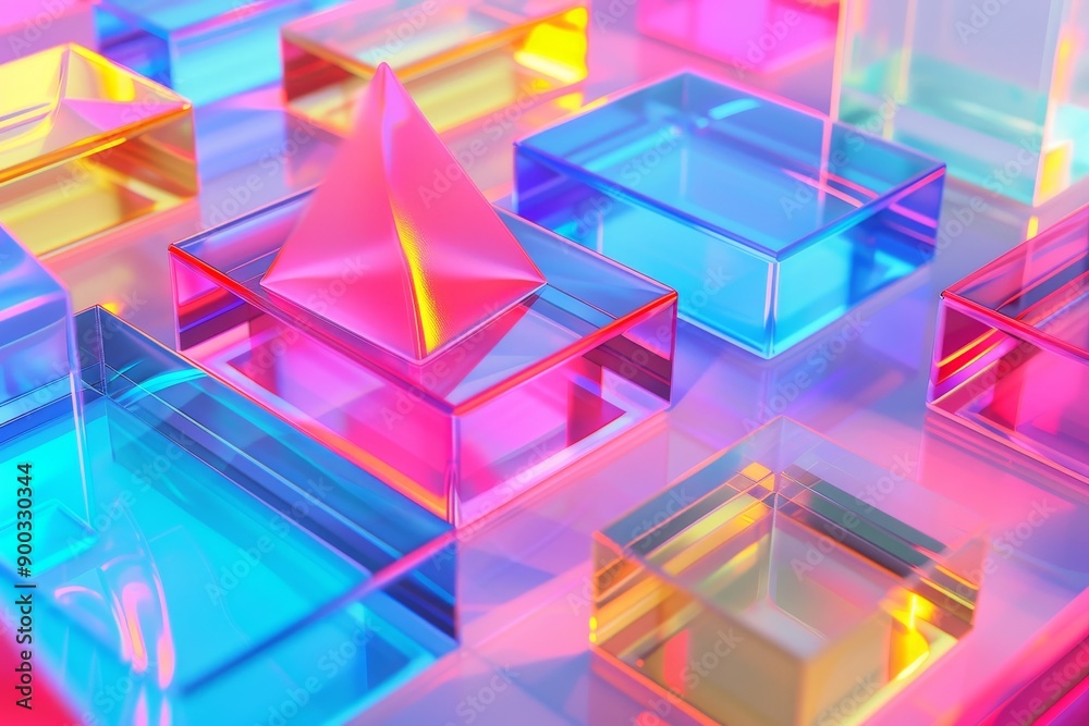 Fototapete neon background with various shapes and sizes, 80s style geometric shapes in neon colors with transp