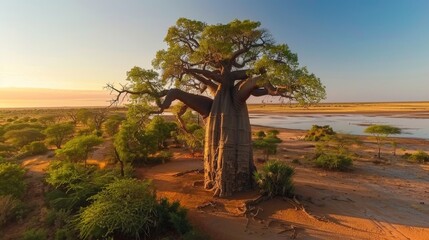 Obraz premium Baobab (Adansonia): Baobabs feature massive trunks and tiny leaves, storing water in their large trunks. Their remarkable ability to endure makes them known as the 