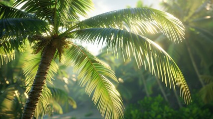 Obraz premium Palm (Arecaceae): Known for their large, compound leaves and single trunk, palm trees are tropical plants essential for producing fruits like coconuts and dates. 