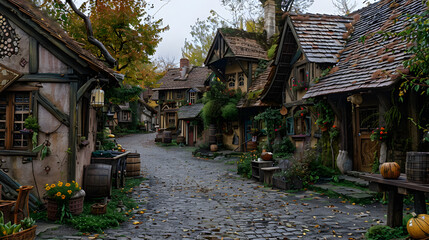 A charming medieval village adorned with colorful banners, celebrating a bountiful harvest festival joyously.