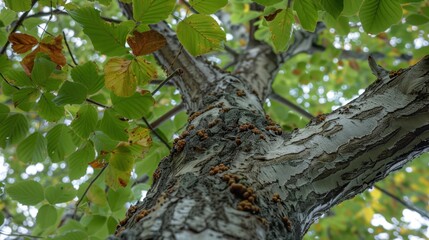 Fototapeta premium Beech (Fagus): Featuring smooth gray bark, broad leaves, and edible nuts, beech trees are majestic and often grace temperate forests with their elegant presence. 