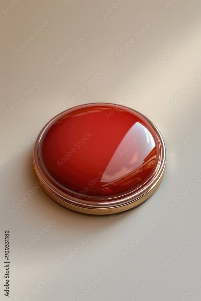 Poster a single red button sits on top of a wooden table