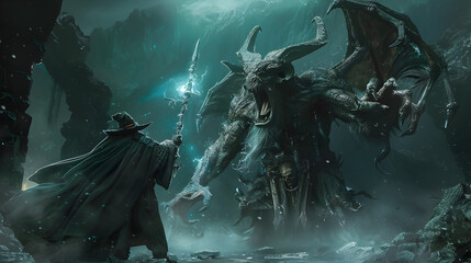 A brave wizard in colorful robes casting spells against a fiery demon in battle.