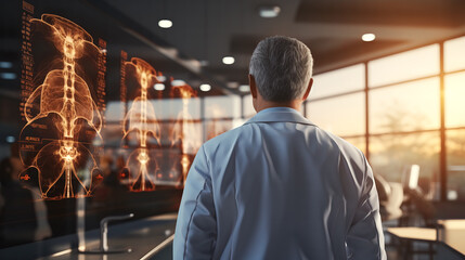 Obraz premium Doctor Looking at X-Ray: A doctor in a white coat looks at an x-ray in a modern medical facility. The x-ray is of a human body, and the doctor is looking at it with a thoughtful expression.