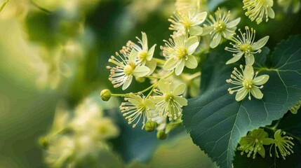 Fototapeta premium Linden (Tilia): Featuring heart-shaped leaves and aromatic flowers, lindens, or basswoods, are commonly planted as street trees for their visual appeal and pleasant scent. 