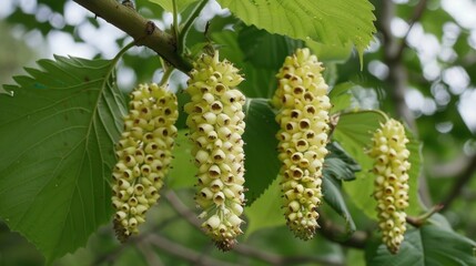 Obraz premium Alder (Alnus): Thriving in wet habitats, alders have cone-like catkins and nitrogen-fixing roots, which enhance soil fertility and support lush, healthy ecosystems. 