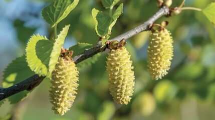Obraz premium Alder (Alnus): Alders excel in moist environments with their cone-like catkins and nitrogen-fixing roots, which boost soil fertility and benefit surrounding plant life. 