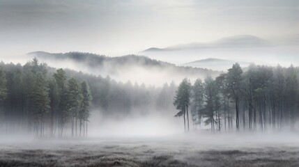 Fototapeta premium Misty forest sunrise paints ethereal canvas with fog, trees, and distant mountains