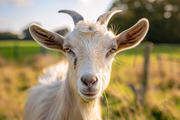Fototapeta premium Close up of white goat on sunny meadow