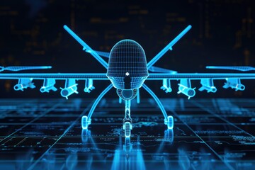 A 3D model of a military plane on a blue background, ideal for use in presentations or illustrations about military aviation