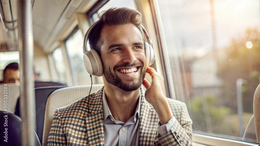 Sticker smiling young man in headphones sitting in bus and listening to music