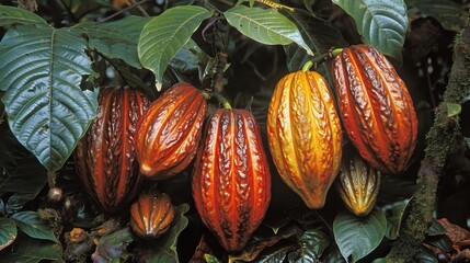 Cacao (Theobroma cacao): Native to tropical climates, cacao trees bear seeds used for chocolate, featuring large, glossy leaves and small, vibrant flowers.

