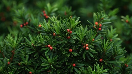 Obraz premium Yew (Taxus): Evergreen yews have dark green needles and red arils. Despite being toxic, they are appreciated for their ornamental beauty and medicinal uses. 