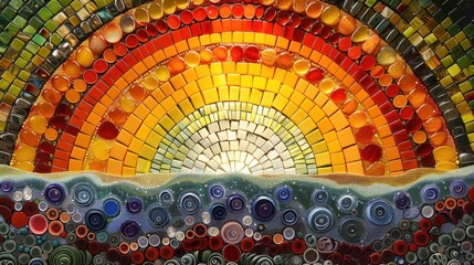 A mosaic artwork depicting a sunrise over the ocean