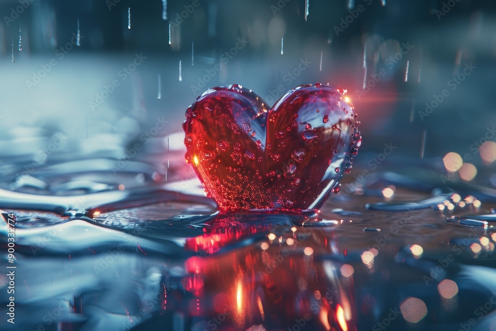 Poster 3d icon of a heart represents emotion on blank background with glowing 3d heart shape