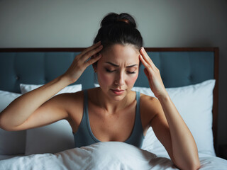 Naklejka premium A woman massaging her temples while sitting on a bed, depicting a common method to alleviate migraine pain.
