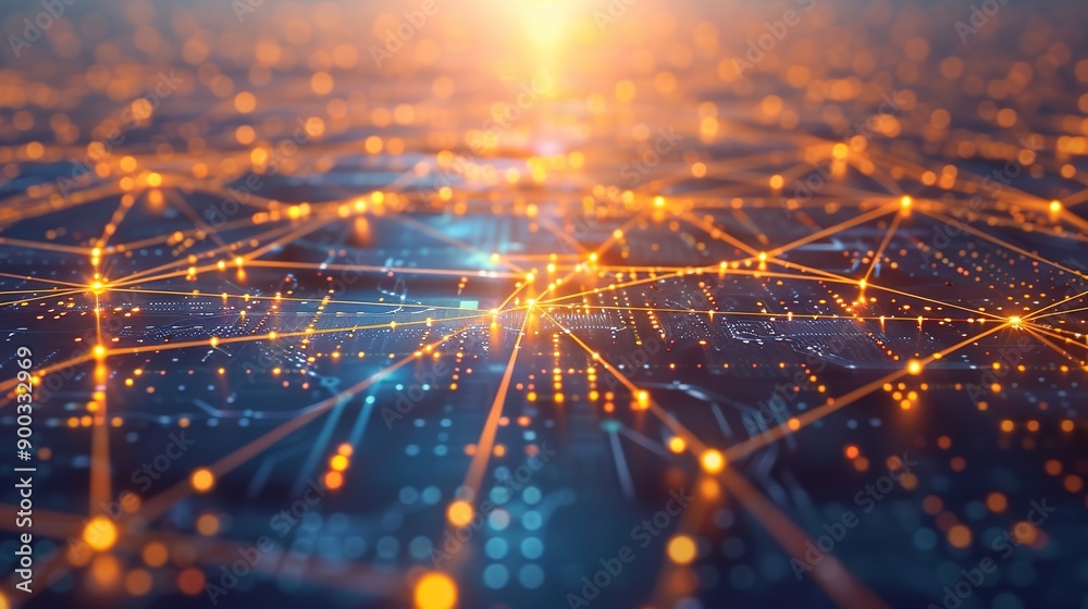 Wall mural abstract technology network with glowing nodes and lines. modern and sophisticated background for ba