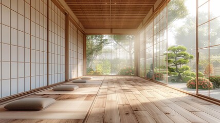 White empty wooden room, Japanese interior cleaning, 3D rendering high resolution