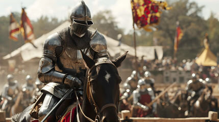 Naklejka premium Knights in shining armor on horseback, jousting with lances in a medieval tournament arena.