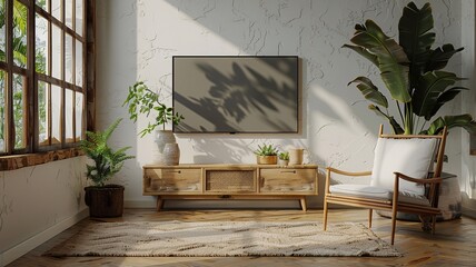 Cabinet for TV on white plaster wall in living room with vintage armchair, minimal design, 3D rendering high resolution