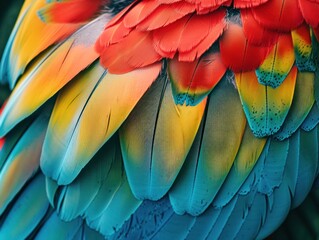 Colorful feathers of a macaw, close-up view