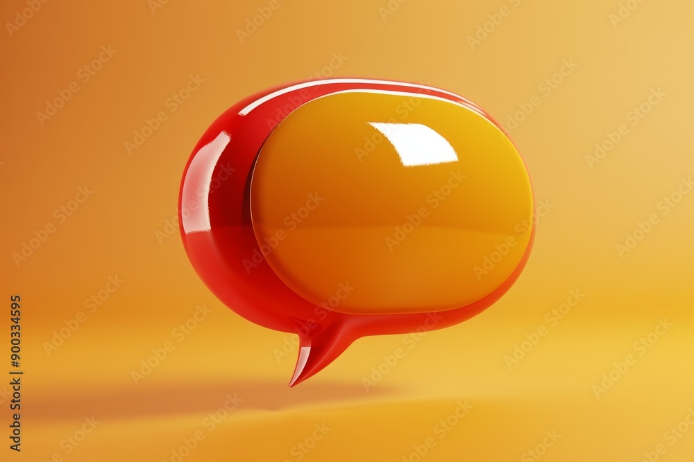 Poster yellow speech bubble with red base, 3d icon of speech bubble symbolizes communication
