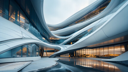 Sleek, innovative buildings with futuristic architectural elements in a modern urban setting under clear sky.