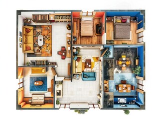 A floor plan of a house with a blue room, a yellow room, and a red room